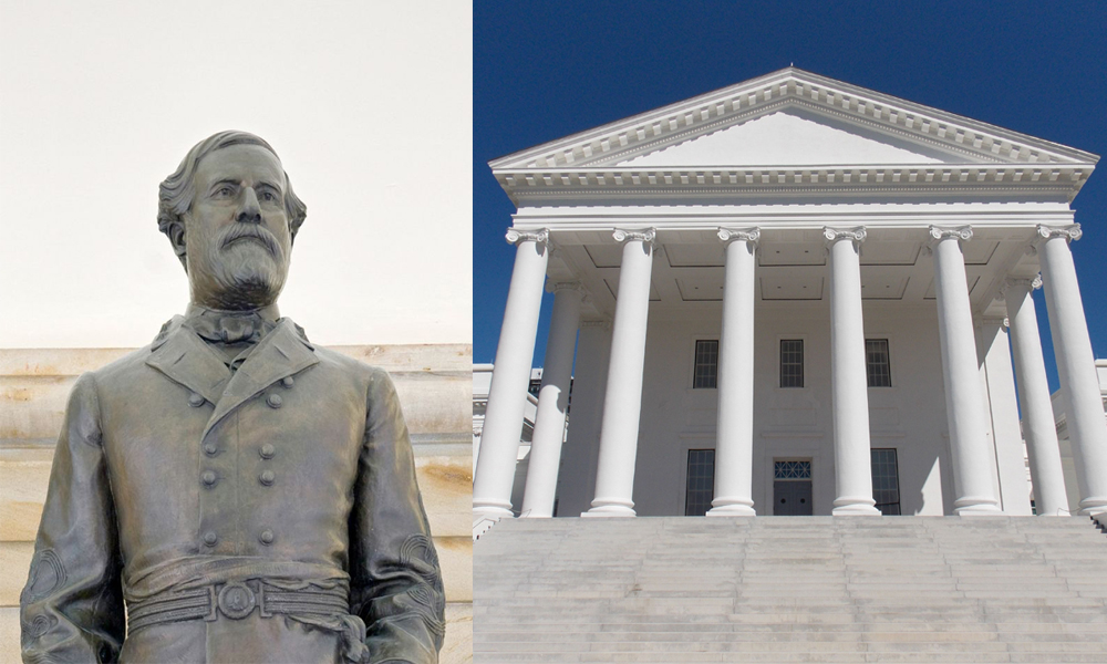 A bronze statue of Robert E. Lee (above) stood in the old House of Delegates chamber in the Virginia State Capitol (above right) until it was removed in July