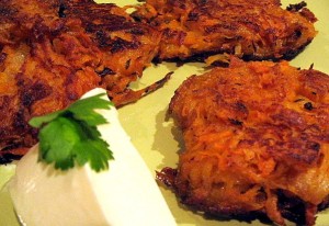 Sweet Potato Latkes with Spiced Maple Syrup