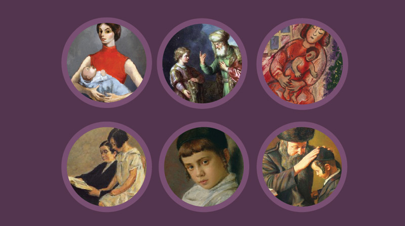 Six images shown in circles on top of a purple background. The images depict old paintings of parents and children.