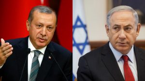 Netanyahu and Recep Tayyip Erdoğan with Israeli and Turkish flags