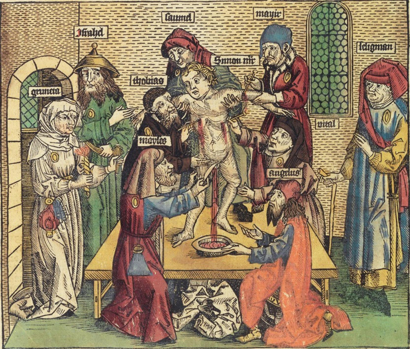 Woodcut from the 1493 Nuremberg Chronicle depicting the alleged ritual murder of an Italian boy