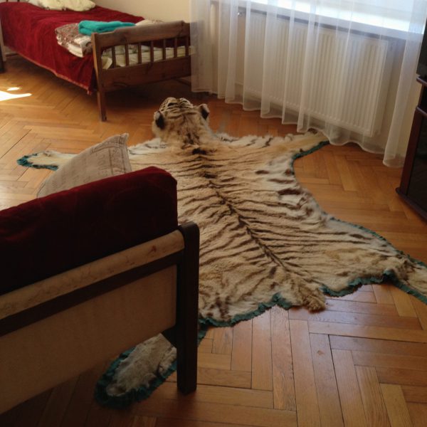 A lovely bedroom on the second floor of the house, decorated with animal skins.