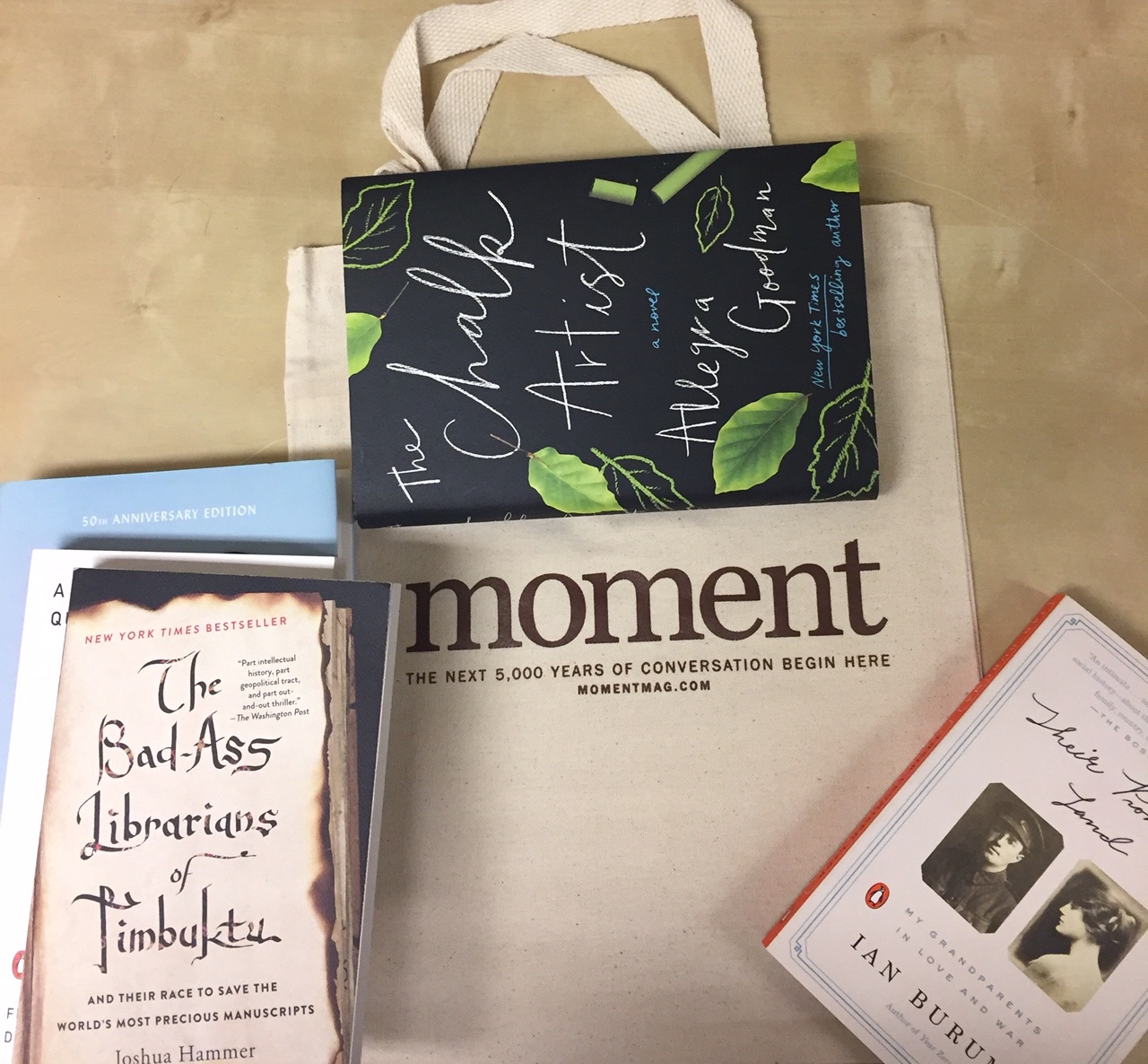 Moment tote bag and books