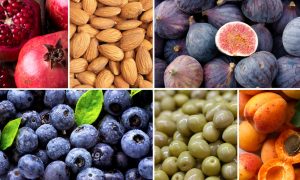 Foods at Tu B'Shevat seder: almonds, figs, apricots, olives, pomegranates,blueberries