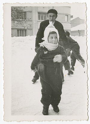 Ruth Roskies Wisse, whose mother, Masha, was Annushka’s half sister, skates in Czernowitz, Romania, in the winter of 1939 or 1940. She is now a a professor of Yiddish at Harvard (recovered from album smuggled out of Kovno ghetto during the Holocaust).