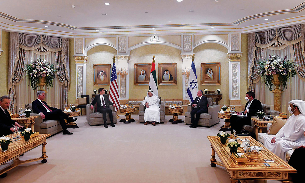 UAE Minister of State for Foreign Affairs Anwar Mohammed Gargash (center), Kushner (left) and Israeli National Security Advisor Meir Ben-Shabbat (right) during a meeting in Abu Dhabi on August 31, 2020.