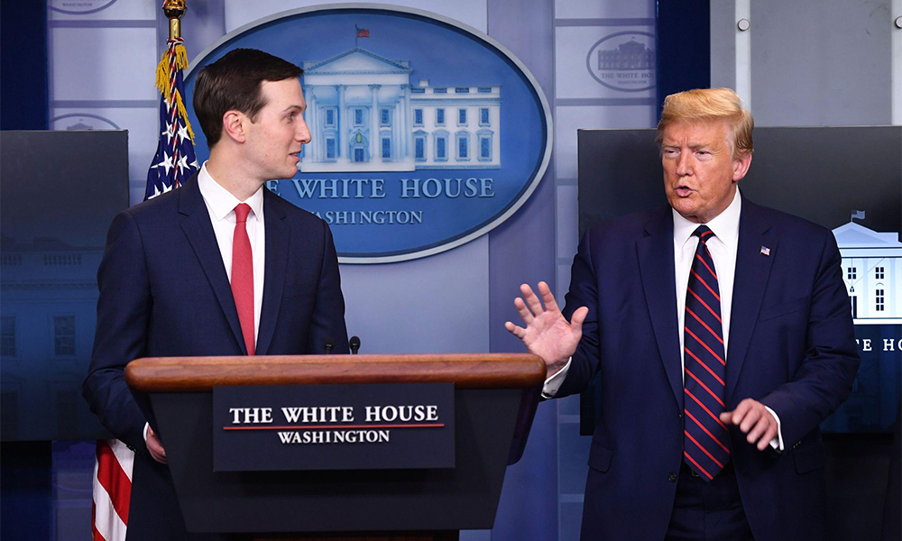 President Trump interrupts Kushner as he speaks at a coronavirus briefing at the White House on April 2, 2020. At the time, 5,700 people had died from the virus in the United States.