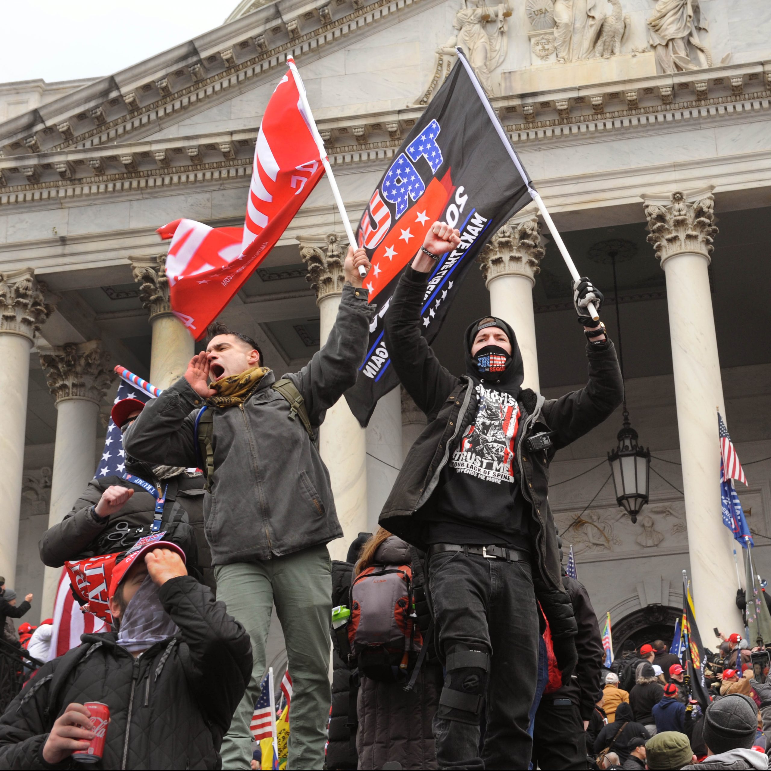 Two men waving flags on Capitol steps as others approach top of steps.