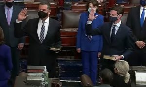 Two new Senators from Georgia—Raphael Warnock and Jon Ossoff, Georgia’s first Jewish senator, being sworn in by Vice President Kamala Harris.