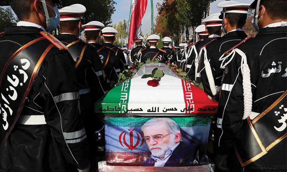 A state funeral is held in Tehran for assassinated Iranian nuclear scientist Mohsen Fakhrizadeh in 2020.
