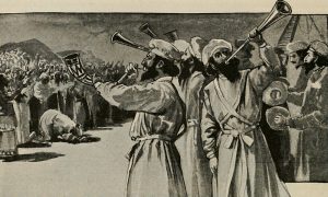 biblical men blowing horns to a cheering crowd
