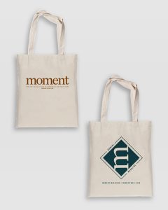 Tote Bag with Moment logo and totebag with M