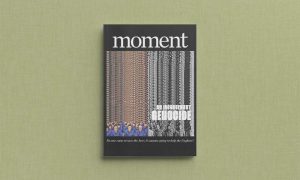 Copy of previous Moment issue, whose cover features an image that parallels the Uyghur population to Jewish victims of the Holocaust. It reads "An Inconvenient Genocide"