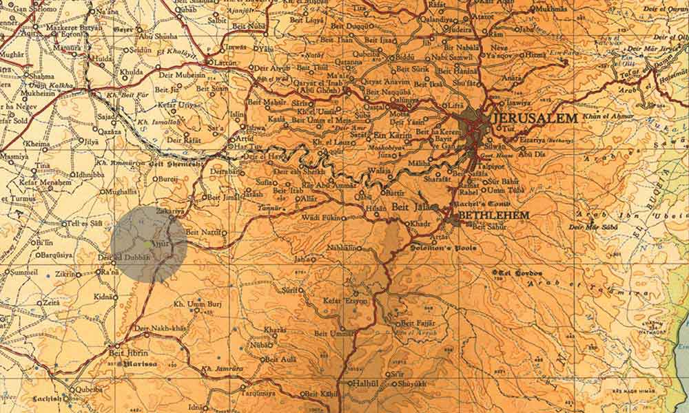 Yellow dot marks the location of the Arab village of Ajjur on a 1946 map
