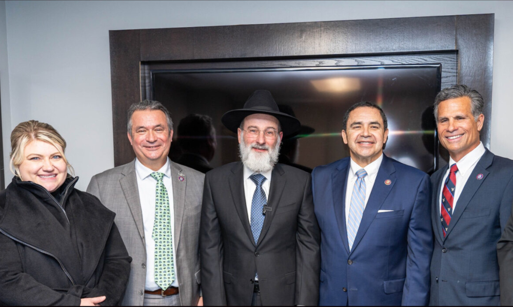 L-R: Reps. Kat Cammack (R-FL); Don Bacon (R-NE); Rabbi Dovid Hofstedter; Henry Cuellar (D-TX); and Dan Meuser (R-PA) at the inauguration of the Congressional Caucus for the Advancement of Torah Values. (Dirshu via JTA)