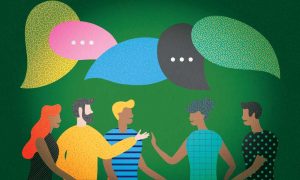 An illustration of a group of racially diverse people talking, each with their own differently-colored speech bubble.