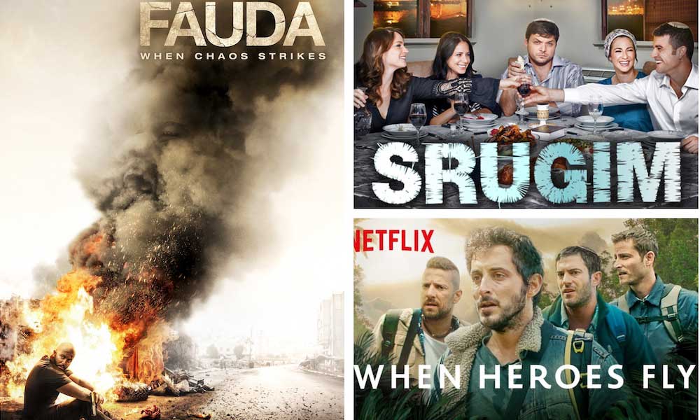 Movie covers for Fauda, Srugim, and When Heroes Fly.