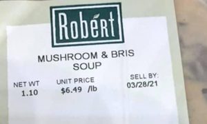 Food label that reads "Mushroom & Bris Soup"