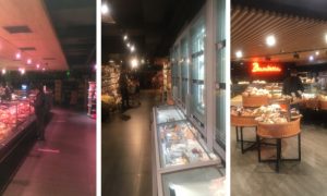 Three images of an empty grocery store in Kyiv