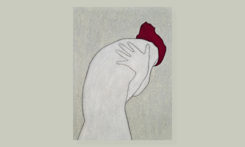 abstract painting of a woman hugging herself