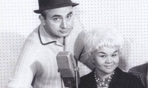 Phil Chess and Etta James in a recording studio