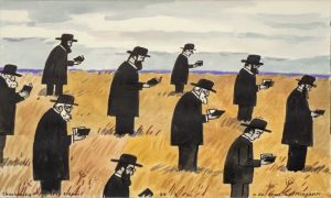 painting showing Orthodox Jews praying in a field apart from each other.
