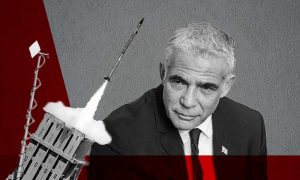A graphic montage depicting Yair Lapid and the Iron Dome missile interception defense system.