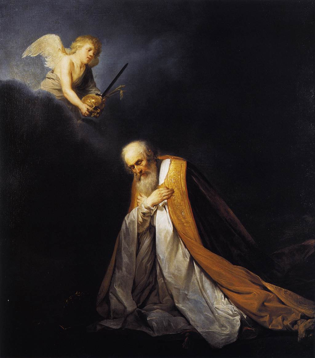 An aged King David kneels in prayer before an angel.