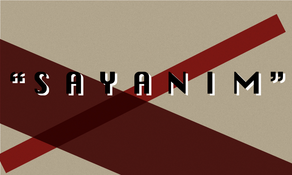 Two red rectangles on a beige background with the word "Sayanim"