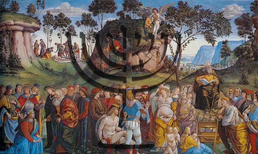 A medieval painting of Moses with the outline of a Hanukkah menorah cut out