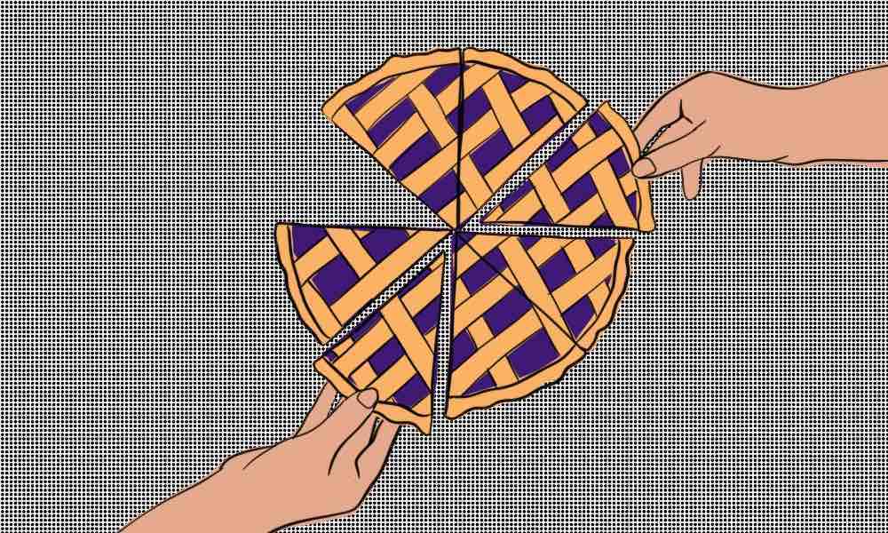 An illustration of two hands taking different slices of a pie.