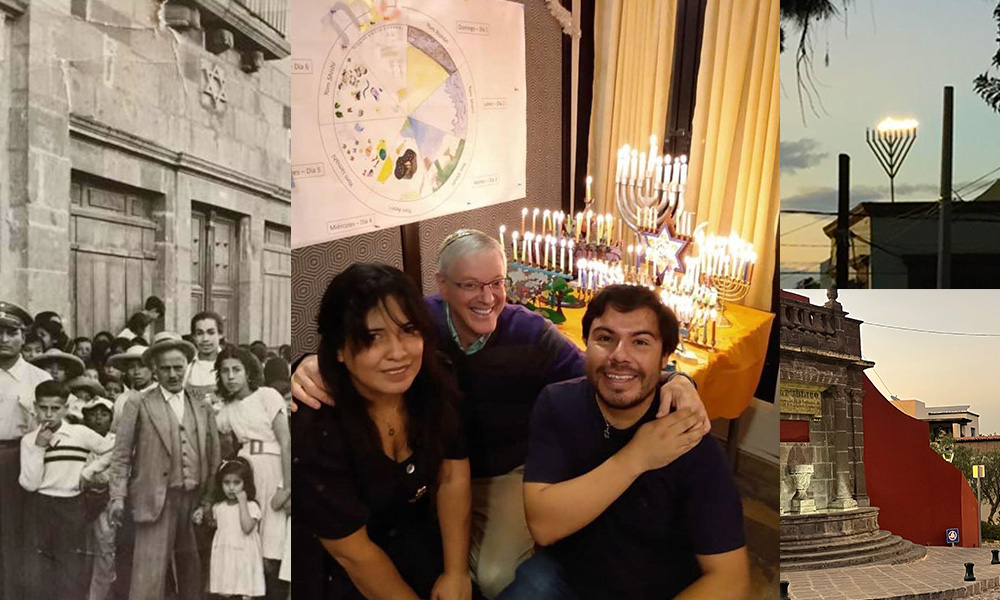 A collage of four images: At left, a black and white photo of a crowd standing in front of a building. The building has a Jewish star affixed to it. At center, two men and a woman smile in front of a table bright with about seven chanukiot. At top right, a lit electronic menorah mounted on a building