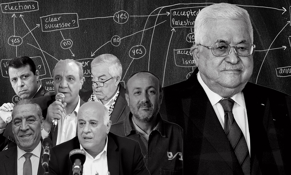 A collage of Mahmoud Abbas with many of his potential successors in front of a flow-chart.