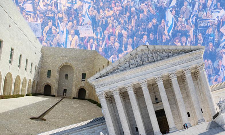 A collage, with a two story sandstone building (the Israeli Supreme Court) on the left and a marble building with eight columns (the U.S. Supreme Court) on the right. In the background, a sea of Israeli protesters.