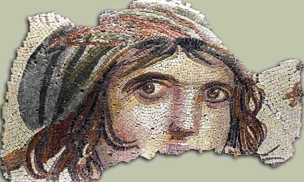 A fragment of a mosaic showing a young woman's upper face.