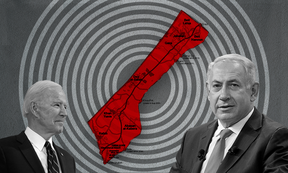 Black and White Images of Joseph Biden and Benjamin Netanyahu are pictured with the Gaza Strip, colored red, in the middle. The image of Gaza overlays white concentric circles.