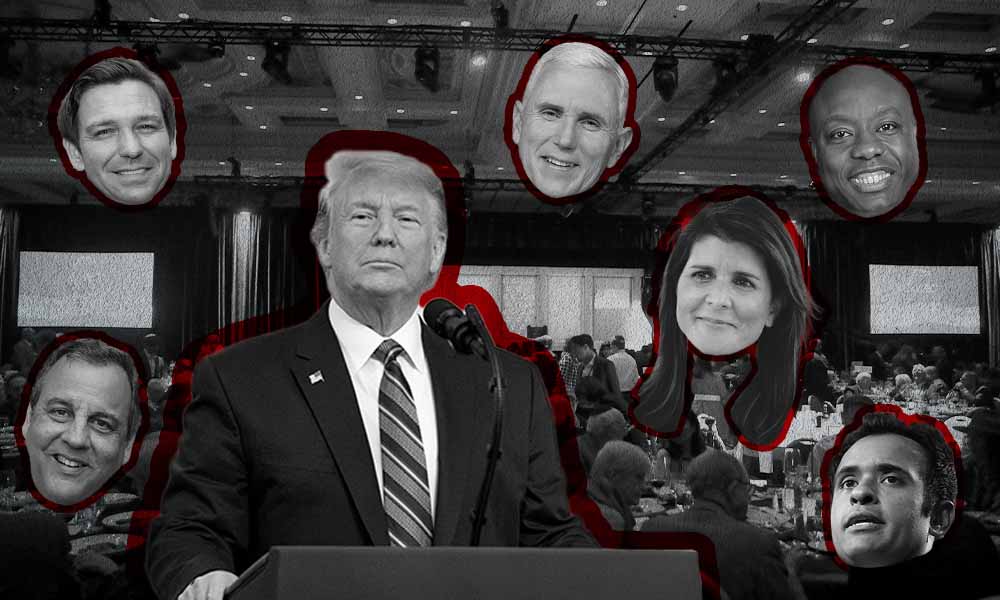 A black-and-white image of former President Donald Trump at a podium is just off-center, surrounded by cut-out images of other Republican presidential candidates' heads.
