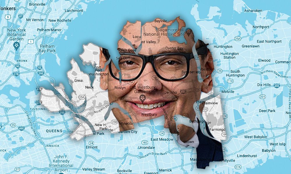 The face of a bespectacled George Santos superimposed on a map of NY-3 congressional district