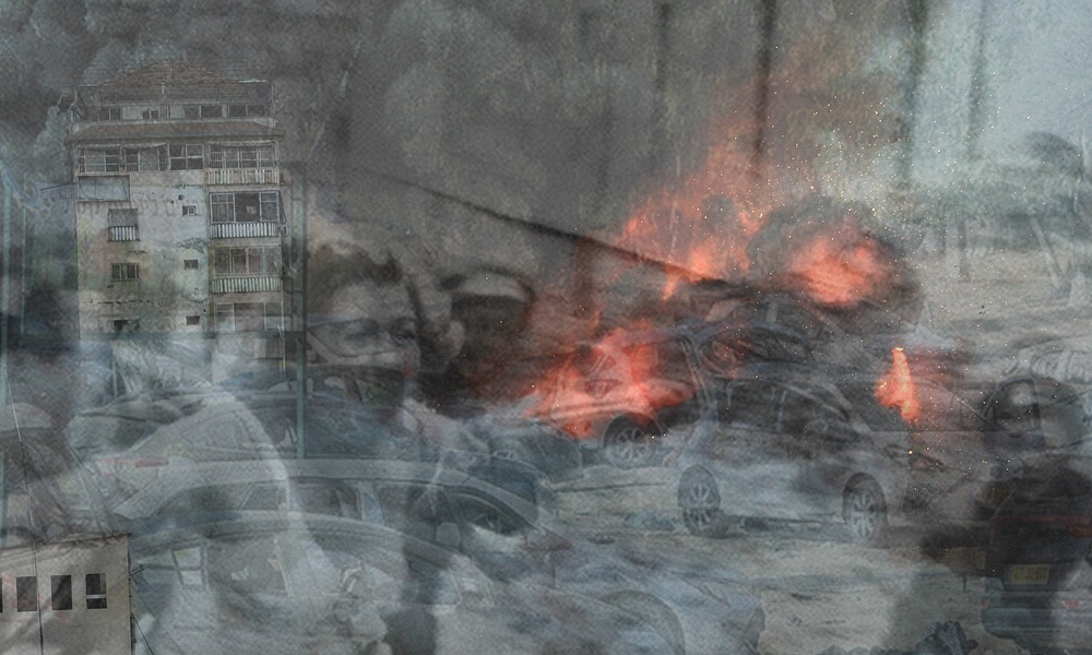 A composite image, mostly shades of smokey gray with orange flames in the center right. Dimly visible are burned out carns, a running woman with a bloody nose, some faces of uniformed men, and a collapsing building.