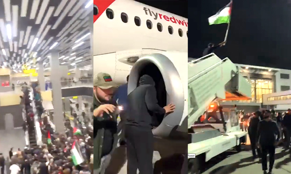 Screenshots from videos taken at Makhachkala airport show rioters looking for Jewish passengers. Photo credit: Screenshots from videos shared by Nexta on X.