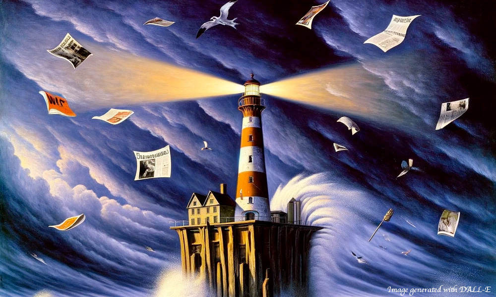 An AI-generated image in the style of a surrealist painting. A lighthouse standes on a rocky island, light extending in both directions into stormy skies. Magazines fly around it.