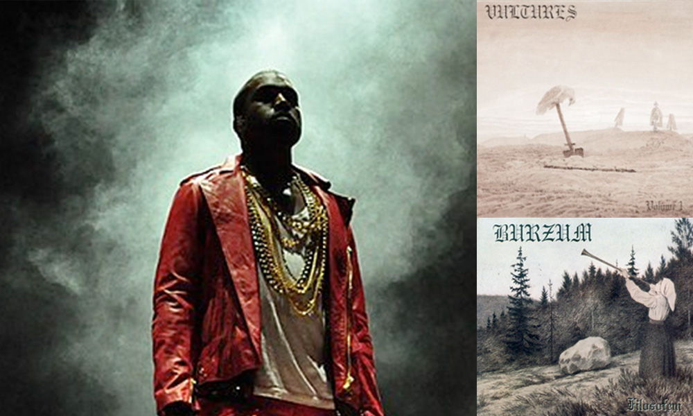 Clockwise from left: Kanye West at a 2011 performance in Santiago, Chile. The album art of 'Vultures.' The album art of Barzum's 1996 album, Filosofem, released while creator Varg Vikernes was in prison.