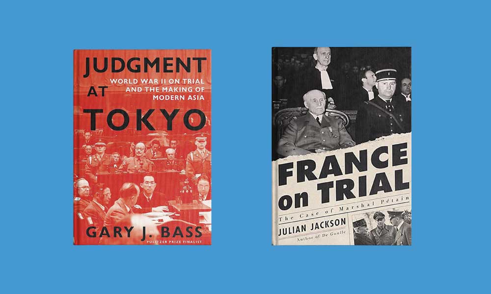 Two books side by side with a blue background. "Judgement at Tokyo" on the left, "France on Trial" on the right