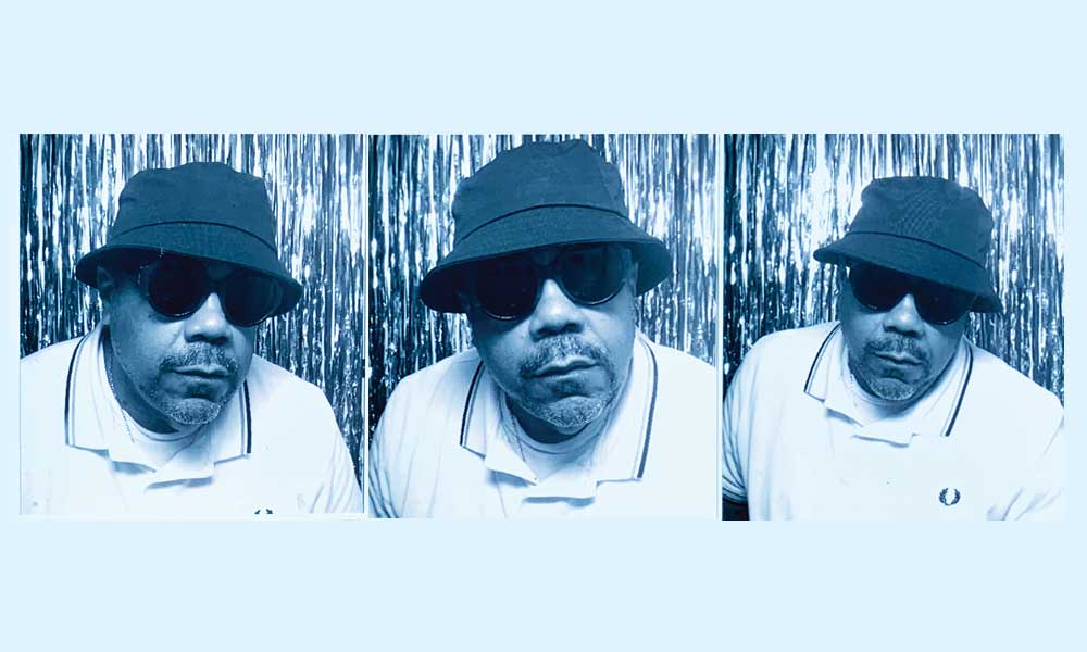 blue filter over three side by side images of Eric Ward facing the camera