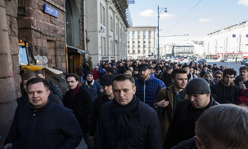 The Russian opposition leader Alexei Navalny marches on Tverskaya Street in Moscow.