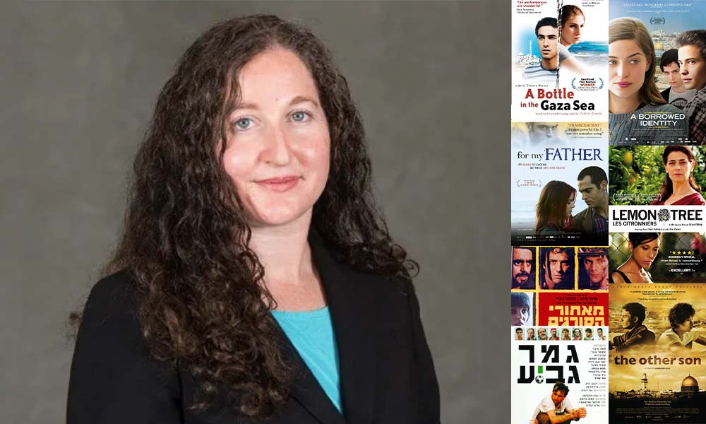 Meital Orr, a white Jewish woman with long curly brown hair, wearing a black blazer over a light teal top in front of a gray background. On the left, six movie posters.