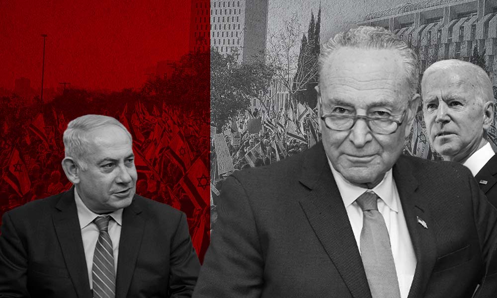 A collage of Netanyahu on the left, Schumer is in the middle and Biden is on the right