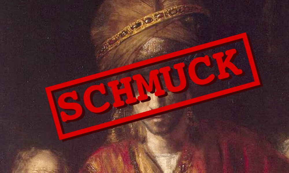 The word "schmuck" superimposed on a turbaned man. Painting is a detail from "Haman Recognizes his fate," a painting by Rembrandt