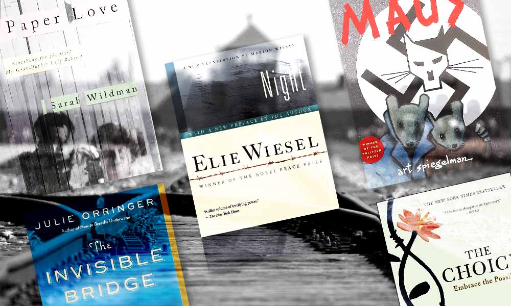 A collage of different Holocaust literature novel cover pages