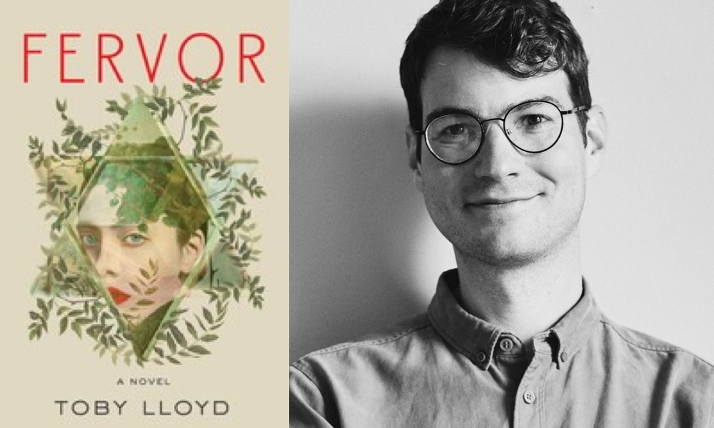 Split-screen image of author Toby Lloyd (on the right) and his book "Fervor" on the left.